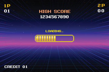 LOADING bar. pixel art. 8 bit. Retro Futurism Sci-Fi Background. glowing neon grid and star from vintage arcade computer games.