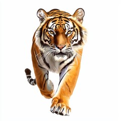 Fototapeta premium A powerful tiger depicted in mid-stride, showcasing its striking orange coat and fierce expression as it moves forward.