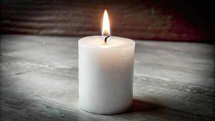 A Single White Candle Burning on a Wooden Table