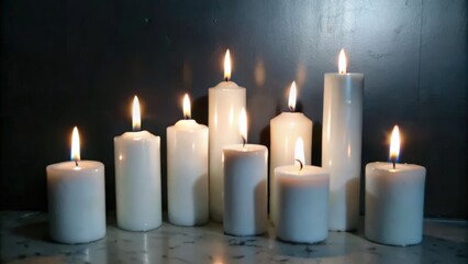 Eight White Candles Burning On Marble Surface In Dark Room