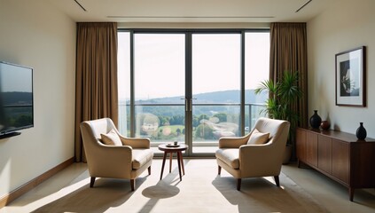 Fototapeta premium Stylish living room featuring two armchairs a shelf and a panoramic window