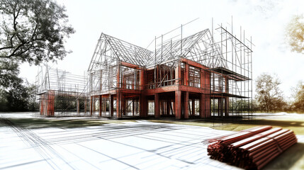 Architectural sketch showing modern house under construction with scaffolding