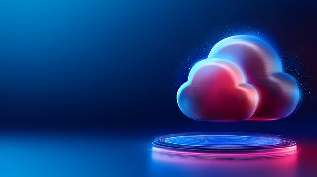 Futuristic cloud computing scene with holographic data streams and icons for backup and sharing