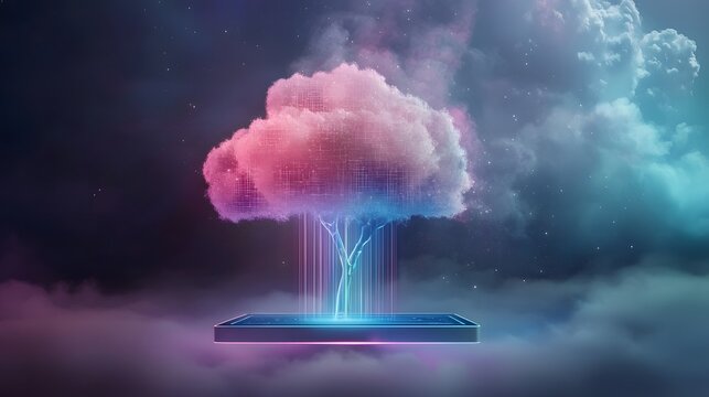 Futuristic cloud computing scene with holographic data streams and icons for backup and sharing