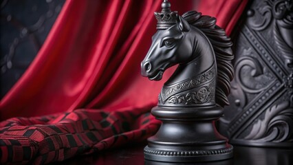 Black Knight Chess Piece with Crown and Red Drapery