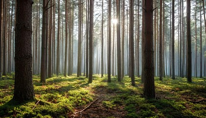 Naklejka premium Foggy morning in a dense pine forest with sunshine.