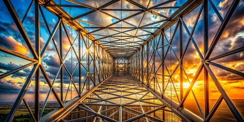 Fototapeta premium Captivating Conceptual Photography of Tower Lattice Structures Against a Dramatic Sky, Highlighting the Intricate Geometry and Industrial Aesthetics of Modern Architecture