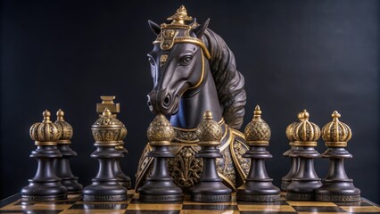 Fototapeta premium A Knight's Charge: A Black Chess Knight Stands Tall, Defending Its Position on the Board