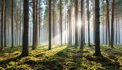 Naklejka premium Foggy morning in a dense pine forest with sunshine.