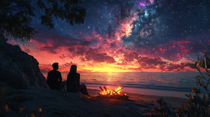 Starry Night Beach Bonfire: A romantic couple silhouetted against a breathtaking sunset and starry night sky, enjoying a cozy bonfire on a tranquil beach.