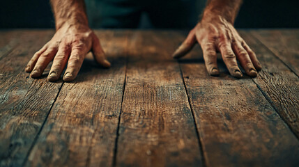 A close-up of hands resting on a rustic wooden surface, showcasing texture and dirt, symbolizing hard work and craftsmanship.