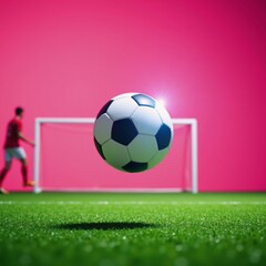 Obraz premium Glowing soccer ball scoring a goal against a vibrant pink backdrop Soccer Ball Goal