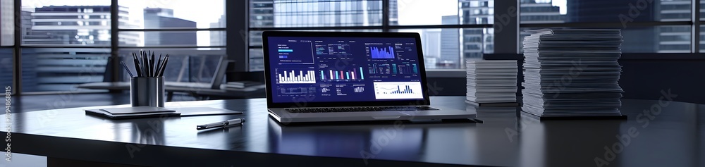 Poster a modern office workspace with a laptop displaying data analytics and stacks of documents.