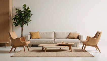 Minimalist living space showcases eco-friendly furnishings in sleek modern style using double exposure technique featuring natural materials