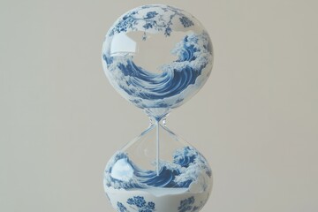 Photorealistic image of an ornate hourglass with a delicate blue and white floral pattern