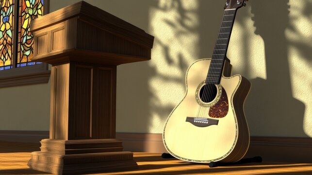 Acoustic guitar rests by a wooden pulpit in a church with stained glass.