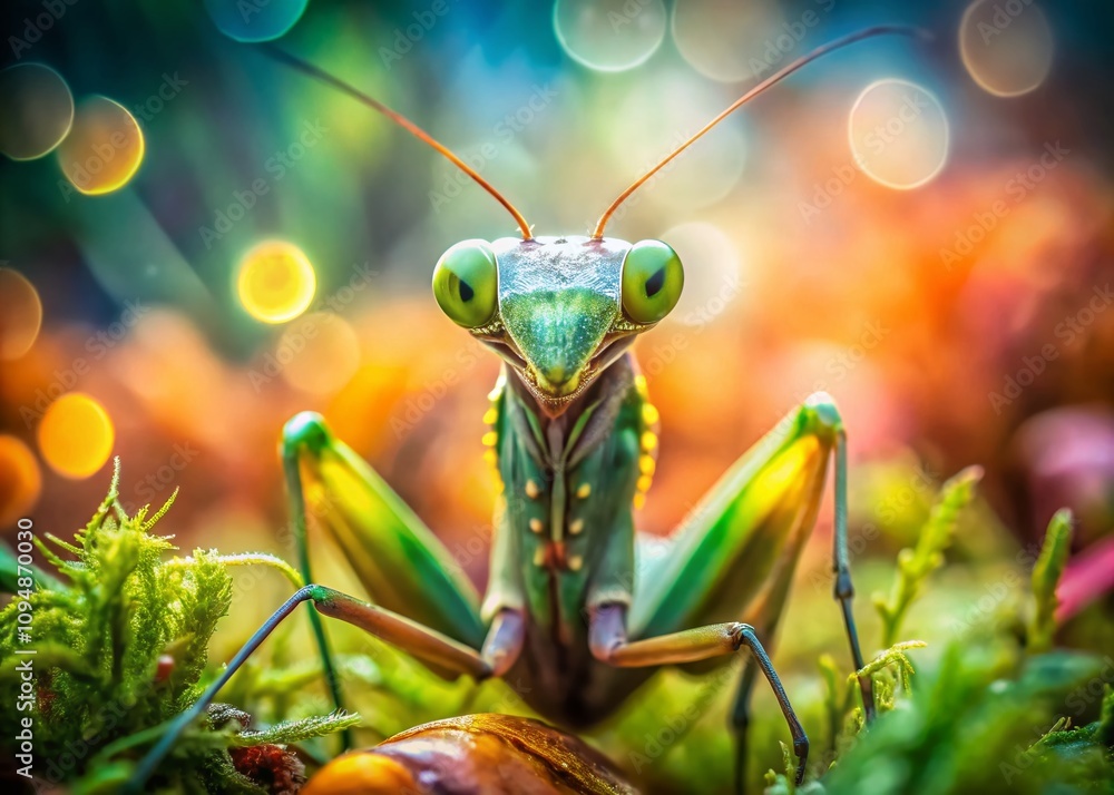 Poster captivating double exposure of a praying mantis engaging directly with the viewer amidst a nature-in