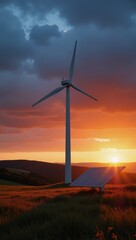 Obraz premium Windmill-solar panel duo stands atop a vivid sunset horizon highlighting renewable energy and sustainability