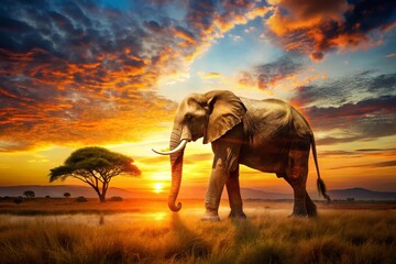 Fototapeta premium Captivating Double Exposure Photography Blending Safari Wildlife with Stunning Landscapes for Unique Visual Appeal