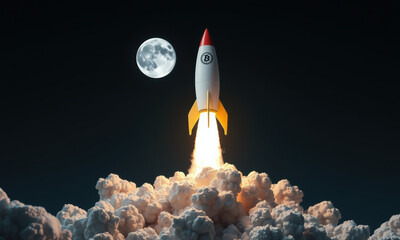 Naklejka premium rocket launching into space with full moon in background, symbolizing innovation and progress in technology. scene is dramatic and inspiring