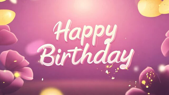 Aesthetic "Happy Birthday" lettering on pink floral background, Magenta purple flowers birth day premium modern design animation. Beautiful calligraphy for celebrating digital card.
