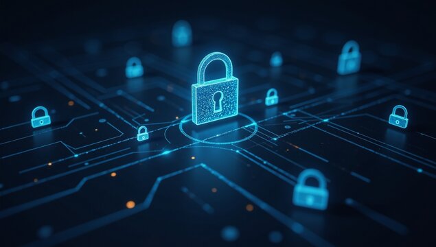 High-tech digital art illustration showcases an abstract encrypted security grid with dark blue tones and floating padlock icons featuring a futuristic cyber encryption motif