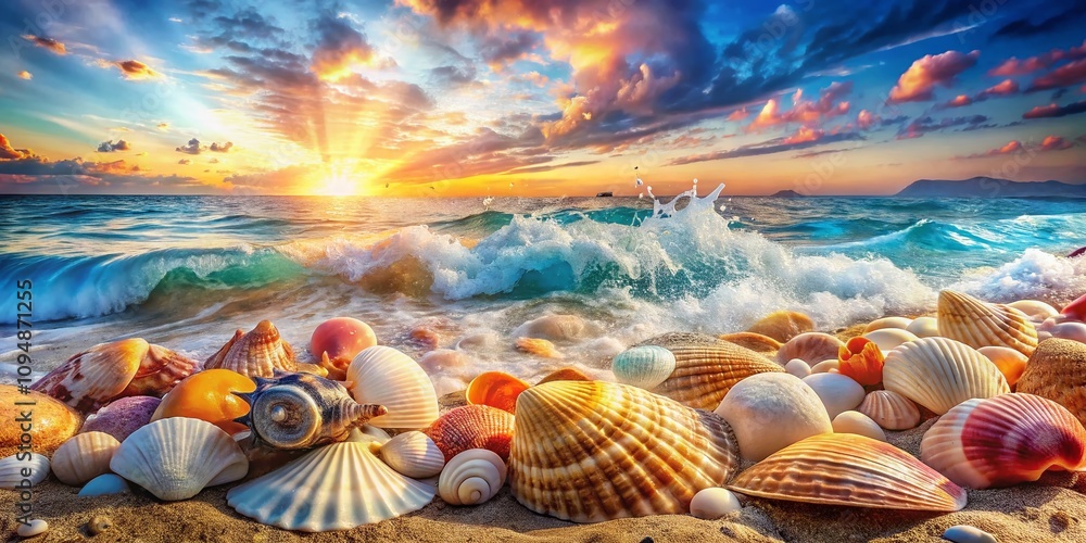 Poster captivating double exposure photography featuring a set of seashells blending with ocean waves and b