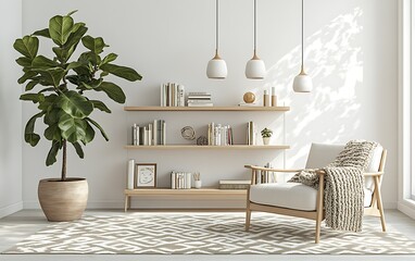 Minimalist living room interior with armchair, shelves, and plant.