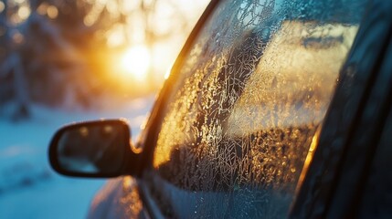 Window of the car covered with frost during winter morning and sun flare light reflecting