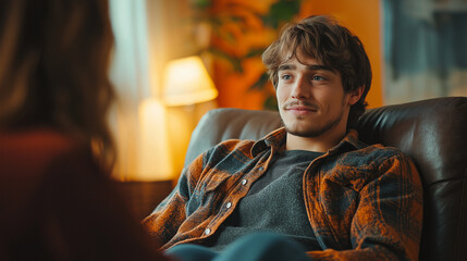 Therapy session with relaxed young man sharing a smile in a cozy atmosphere with copy space