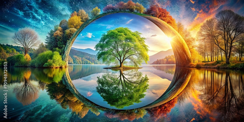 Poster captivating double exposure photography of a circle concept blending nature and geometry with vibran