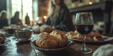 Communion bread, wine, and Bible representing spiritual reflection