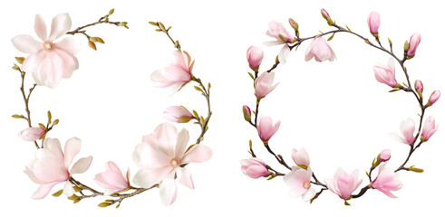 Fototapeta premium Set of pink magnolia flower wreaths