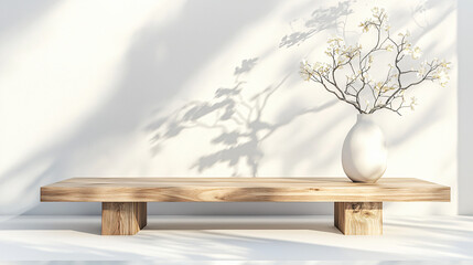A minimalistic wooden shelf holds a simple vase with a flowering branch, casting soft shadows against a white wall.