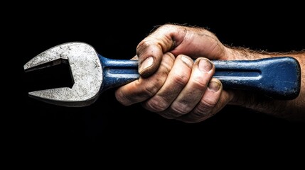 Close-up of a strong hand gripping a used wrench against a black background.