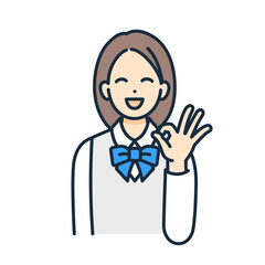 手でOKサインをして微笑む女の子。制服を着た女性のベクターイラスト素材。