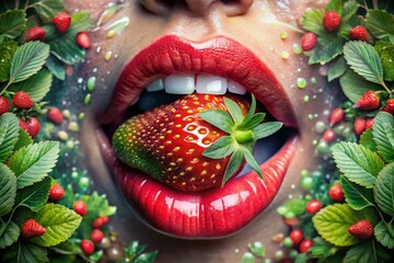 Captivating Double Exposure Photography of a Strawberry Tongue with Vivid Colors and Abstract Patterns, Blending Organic Shapes and Surreal Imagery for an Artistic Effect