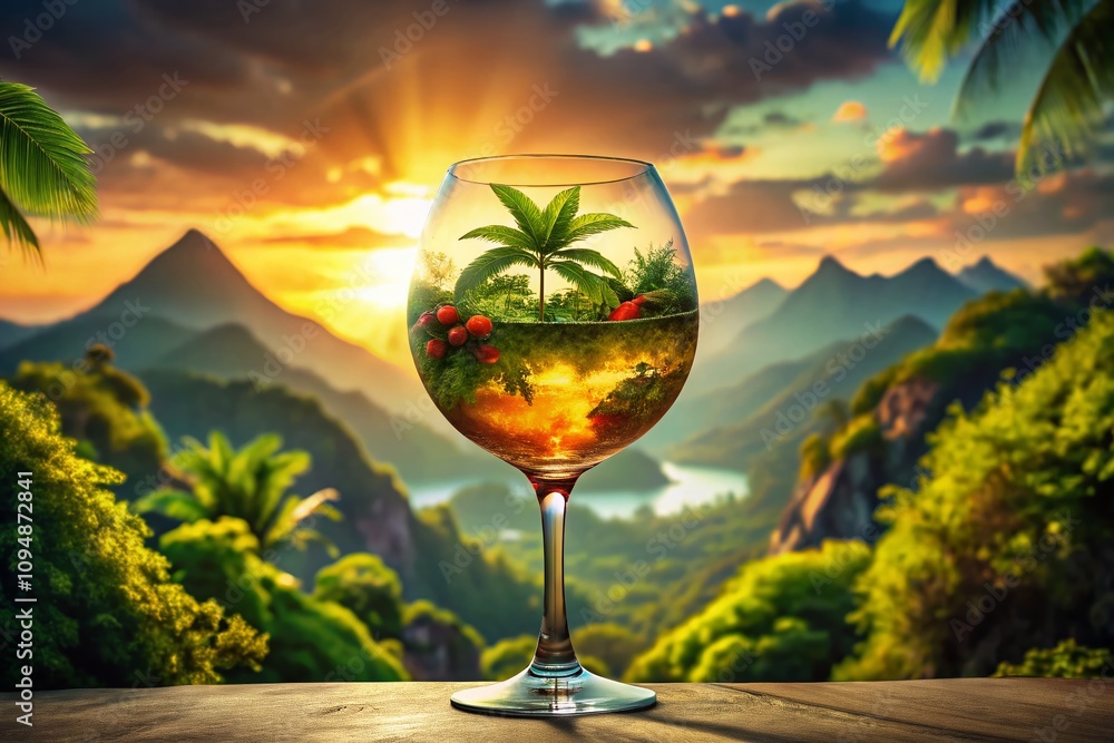 Poster captivating double exposure photography of drinks with nature elements merging for a unique visual e