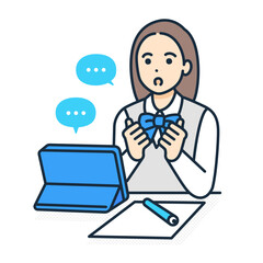 机に座って勉強する高校生。タブレットでオンライン授業を受ける女の子のベクターイラスト素材。