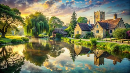 Fototapeta premium Captivating Double Exposure Photography of Grantchester, England, Blending Historic Architecture with Natural Scenery for a Surreal Visual Experience