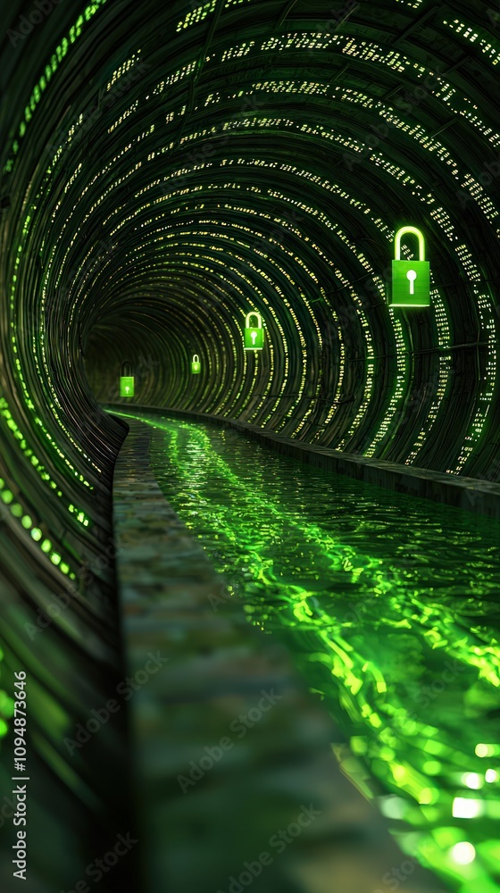 Poster unlocking the future journey through a binary data tunnel digital realm visual art futuristic enviro