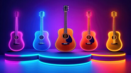 Colorful acoustic guitars on neon stage.