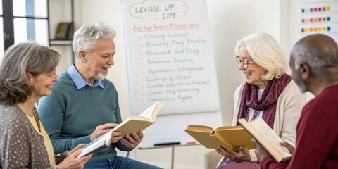 Happy senior men and women are smiling and reading books while enjoying their book club meeting at the community center, learning and discussing together