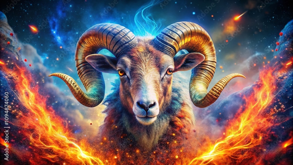 Poster captivating double exposure photography representing aries birth date with fiery themes and celestia