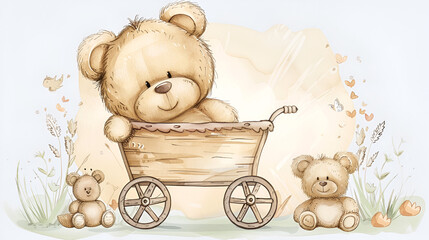 funny teddy bear in stroller baby announcement