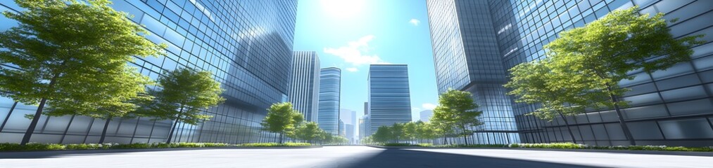 Fototapeta premium A modern cityscape featuring tall skyscrapers and greenery along a wide street.