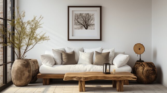 Modern minimalist decor with white sofa cushions on a wood slab and a rustic tree stump table. Poster frame adds an artistic touch.
