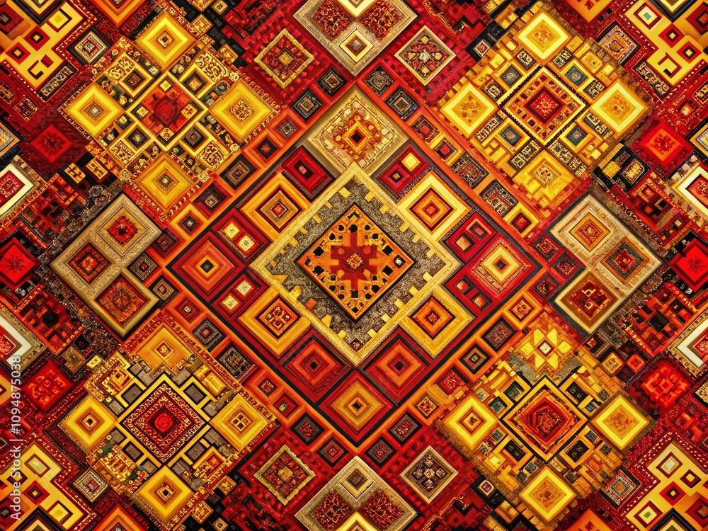 Poster captivating drone photography of colorful abstract qr code patterns in warm tones of red and yellow,