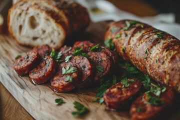 crispy chorizo slices perfectly cooked and served with herbed bread on a wooden cutting board