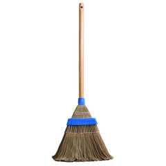 A wooden broom with a blue handle and a blue stripe. Isolated on transparent background